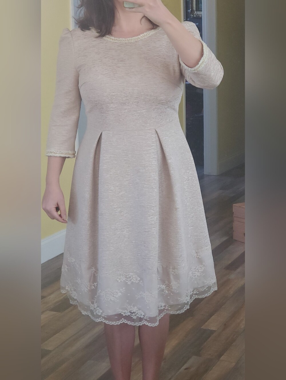 TS Three Seasons Pale Blush Pink Dress w/ Pretty Details @ Neck, Sleeves, & Hem - Picture 14 of 15